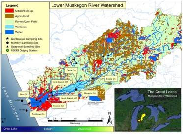 A map showing broad categories of land covers and land uses in the lower Muskegon River watershed.